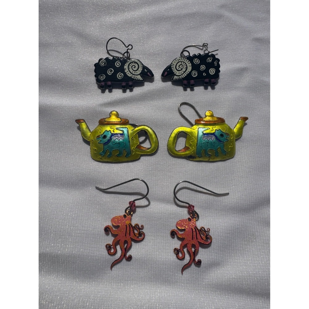 Laurel Burch Style Enamel Earring Bundle Sheep Teapot Octopus Drop Earrings Pair